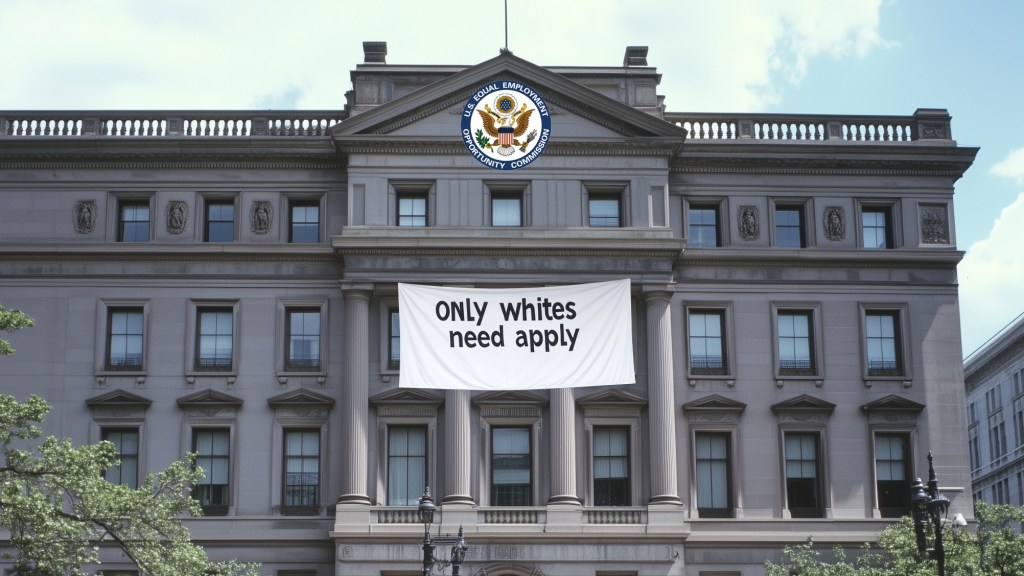 federal employment office with sign that reads "only whites need apply"