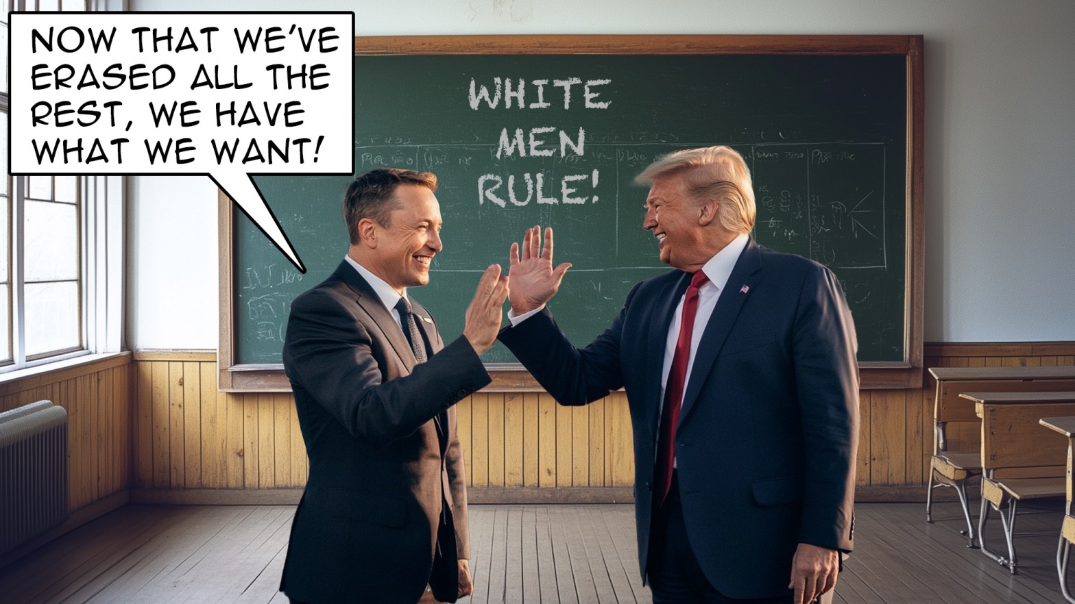 Donald Trump and Elon Musk high-fiving over their shared white male supremacy efforts