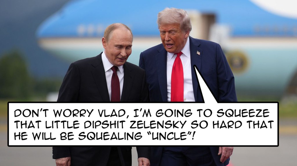 Former leaders Vladimir Putin and Donald Trump walking together, with a speech bubble containing a humorous and controversial quote about Ukrainian President Zelensky.
