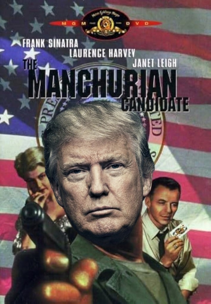 A parody movie poster for 'The Manchurian Candidate' featuring a blend of imagery from the original film and a superimposed face resembling a public figure, set against a background of an American flag.